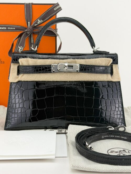 Hermes Mini Kelly 20 Shiny Alligator Black Noir Palladium Hardware K Unworn