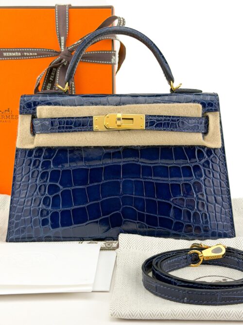 Hermes Mini Kelly 20 Shiny Alligator Bleu Saphir Gold Hardware C Stamp Excellent