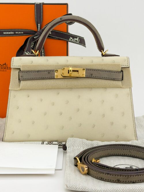 Hermes Mini Kelly 20 Ostrich HSS Nata Gris Tourterelle Gold Hardware U Stamp
