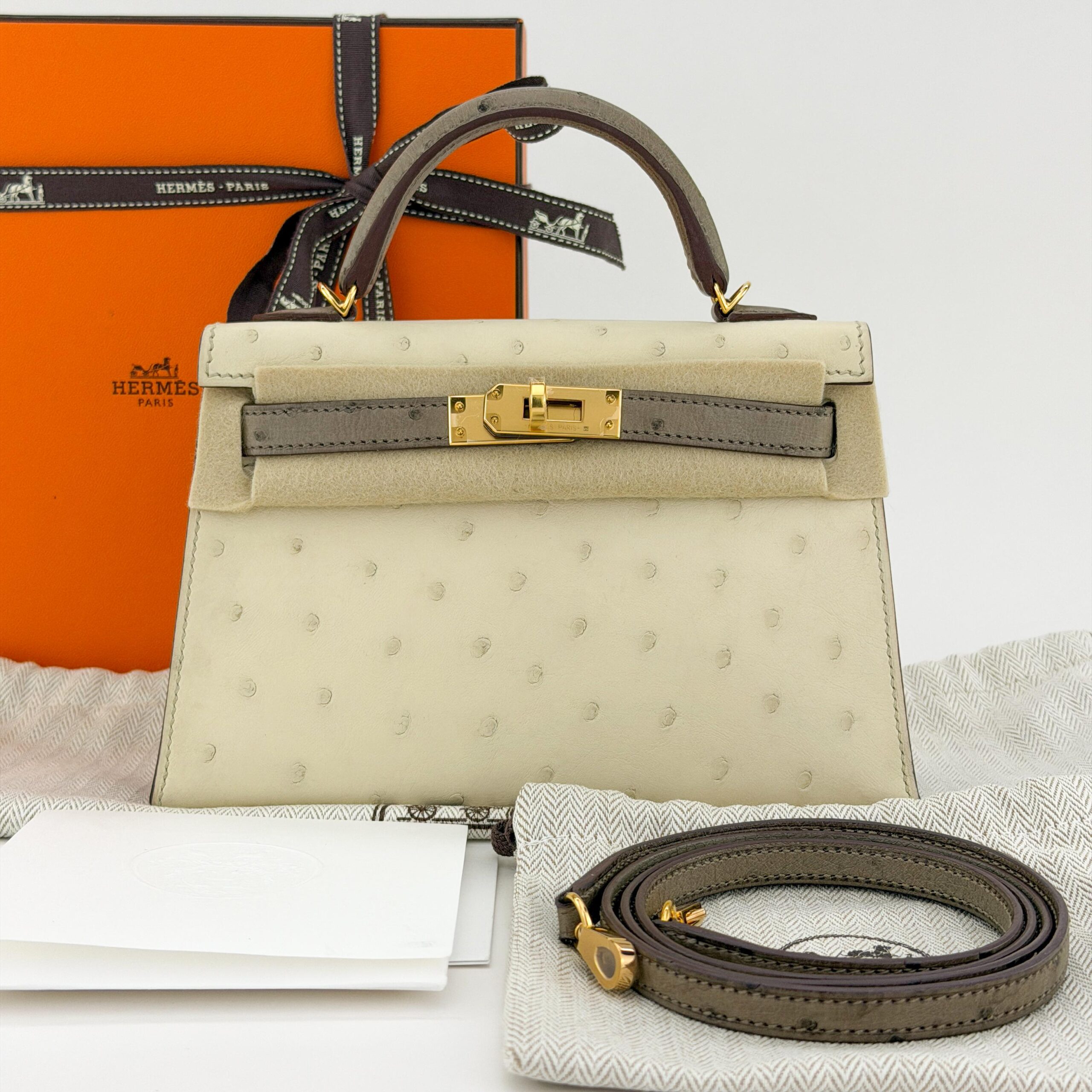 Hermes Mini Kelly 20 Ostrich HSS Nata Gris Tourterelle Gold Hardware U Stamp