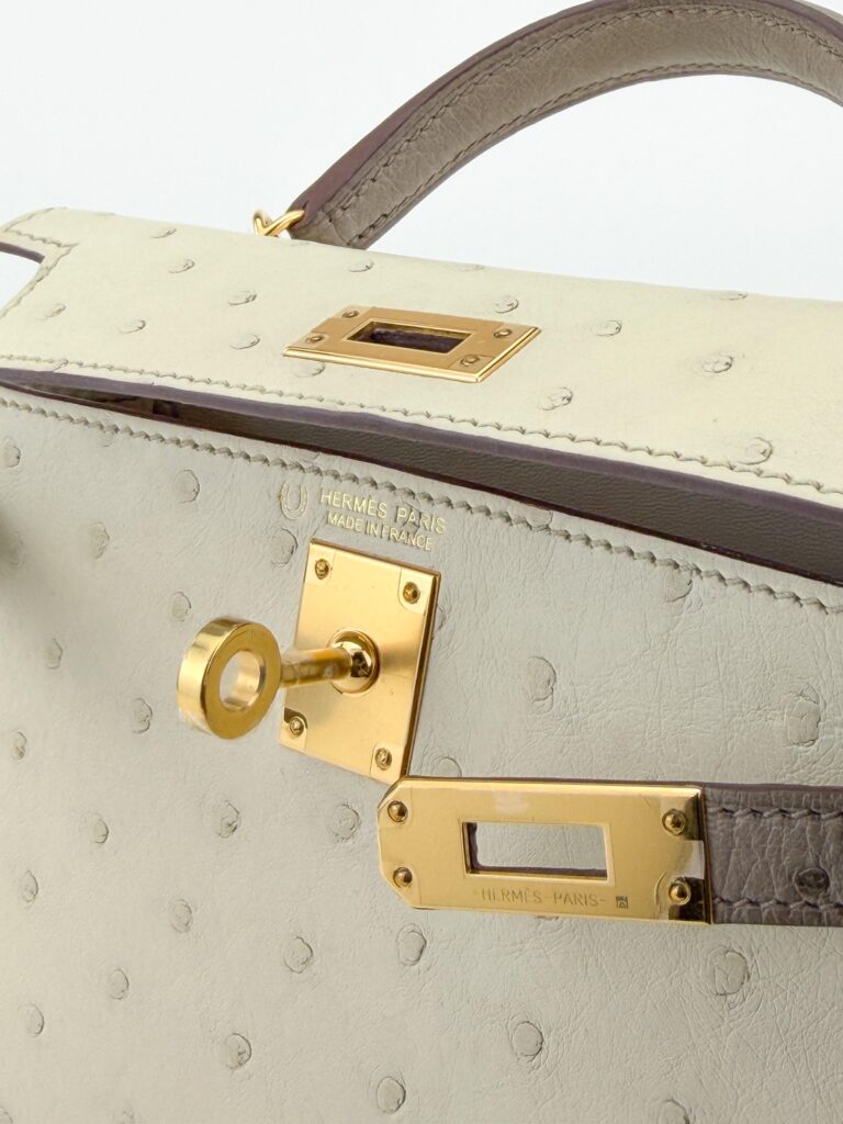Hermes Mini Kelly 20 Ostrich HSS Nata Gris Tourterelle Gold Hardware U Stamp