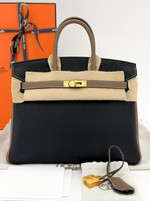 Hermes Birkin 25 HSS Black Etoupe Togo Brushed Gold Hardware Z Stamp
