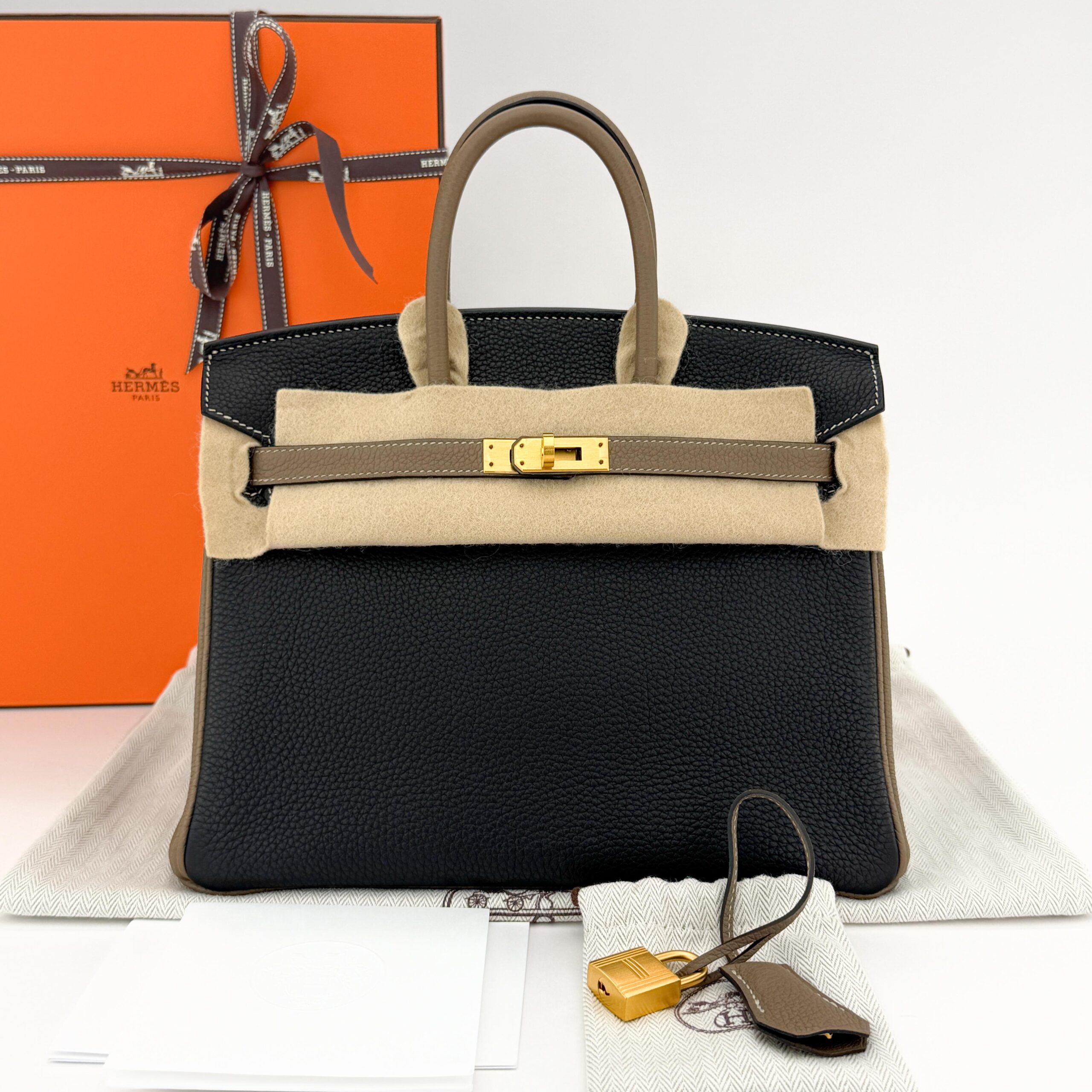 Hermes Birkin 25 HSS Black Etoupe Togo Brushed Gold Hardware Z Stamp Pre-owned