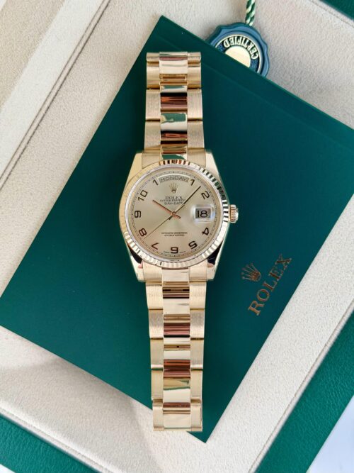 Rolex Day-Date 36mm Champange Arabic Fluted Oyster Watch&Box 118208