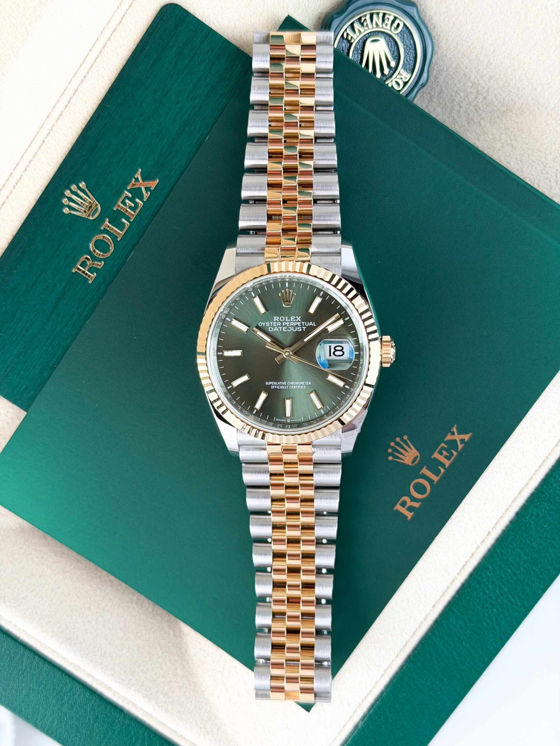 Rolex Datejust 36mm UNWORN 2026 Olive Green Index Fluted Jubilee Wood 126233